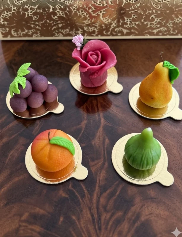 Assortiment de pâtisseries décorées en forme de fruits et de fleurs