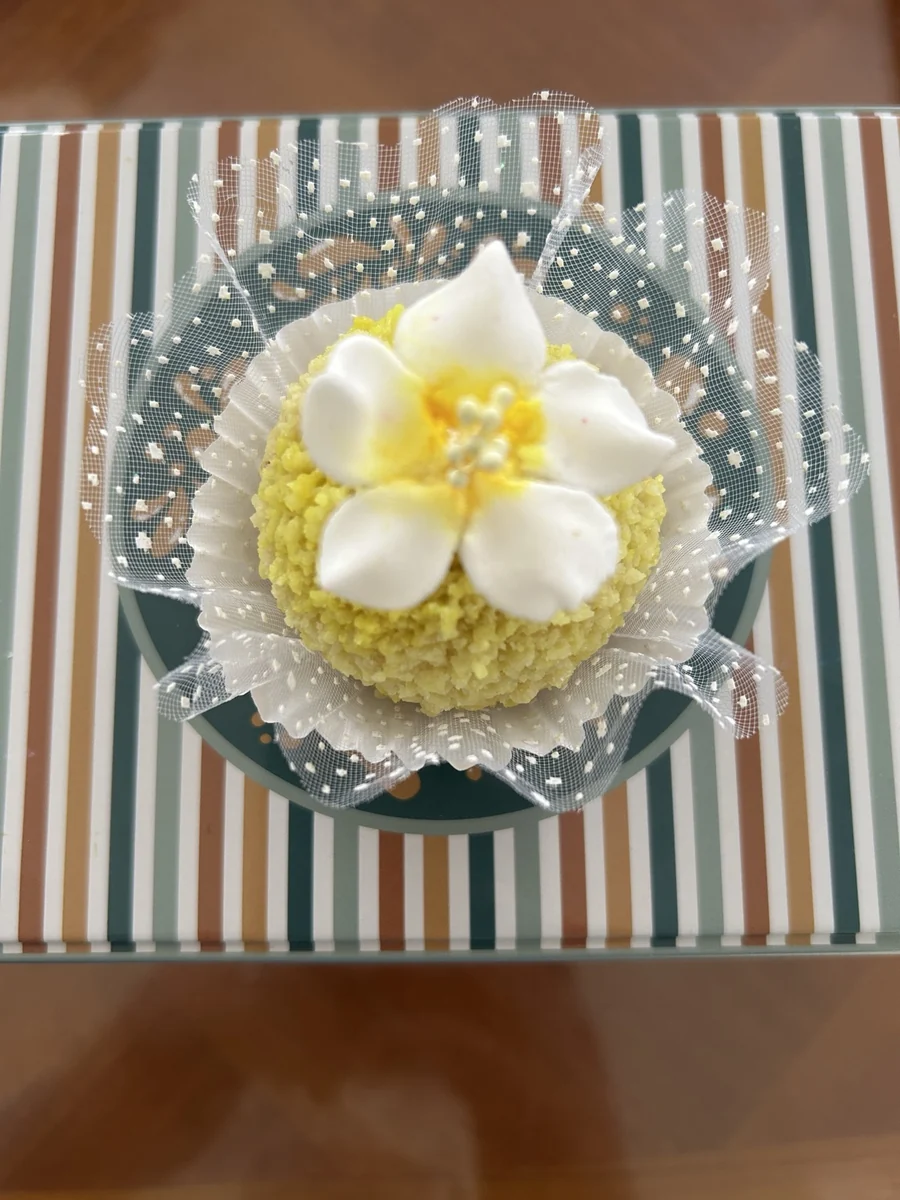 Fleur blanche à cœur jaune sur un lit de vermicelles